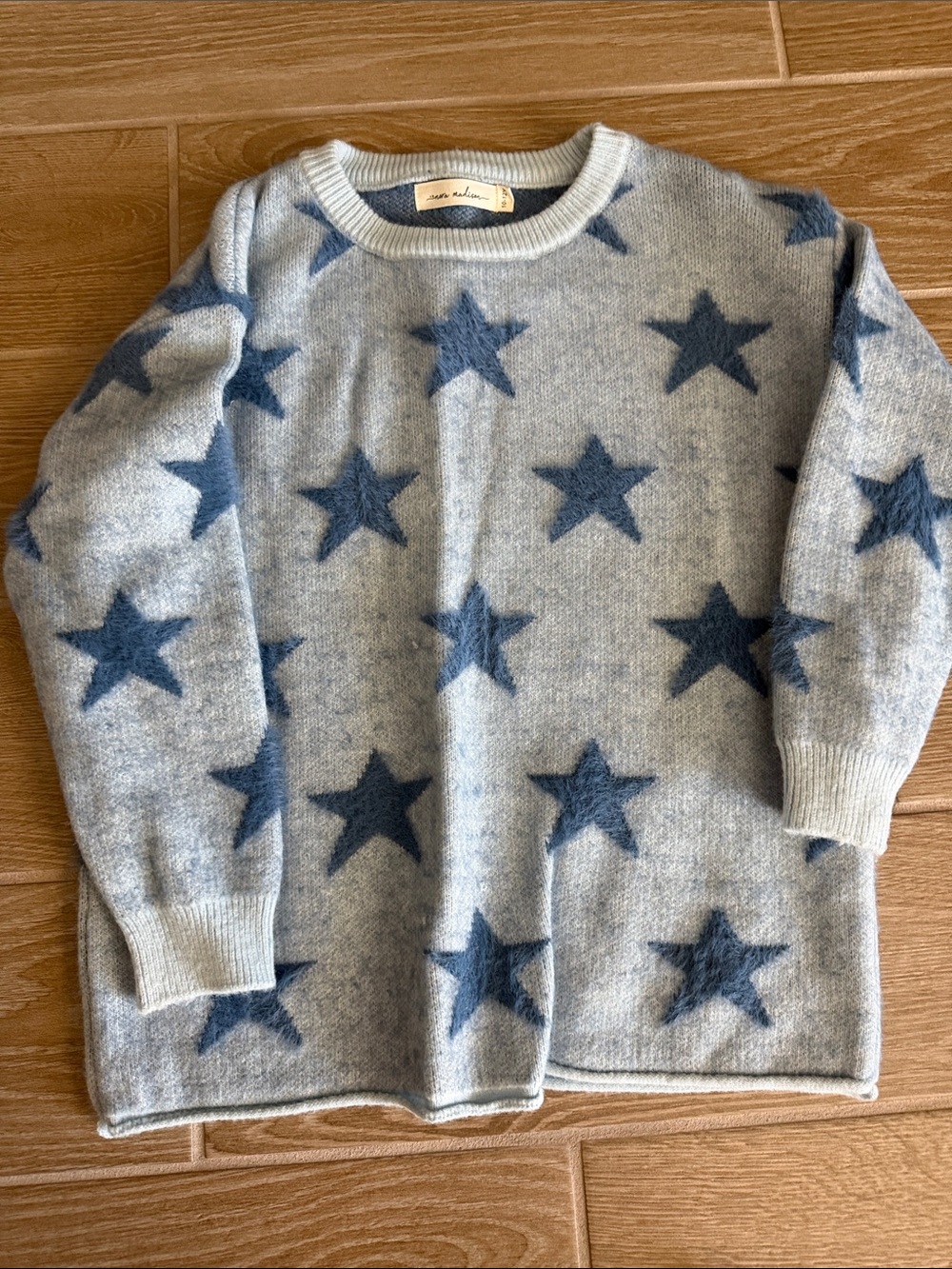 Madison Light Gray Crewneck Sweater with Blue Star Pattern